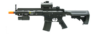 Double Eagle M804A2 AEG Plastic Gear MK416 RIS Retractable Stock, Red Dot Scope, Flashlight & Laser w/ Pressure Switch