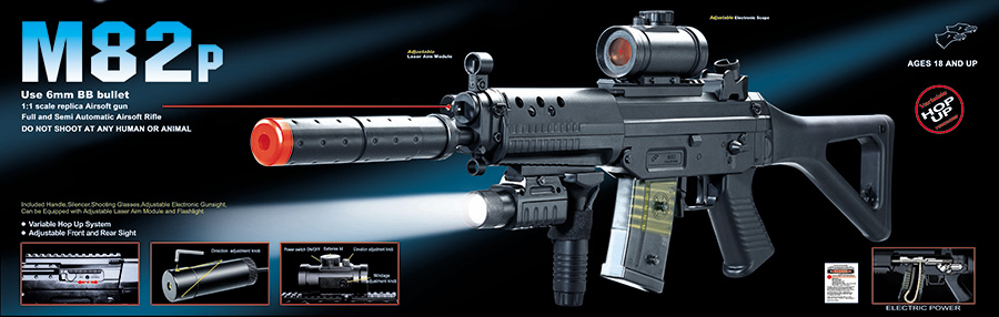 M82P AEG Plastic Gear SG w/Flashlight, Laser, Red Dot Scope, Silencer, Vertical Grip & Side Folding stock