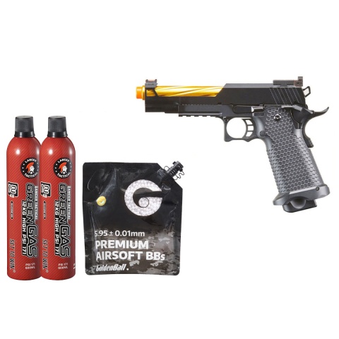 Golden Eagle 3337 OTS .45 Hi-Capa Gas Blowback Open Slide Pistol - Green Gas Combo - (Black/Gold)