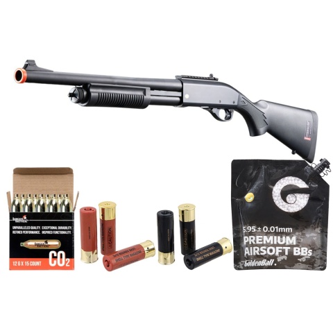 Golden Eagle M8870 3/6-Shot Pump Action CO2 Airsoft Shotgun w/ Ghost Ring Iron Sights - Shell/CO2 Combo - (Black)