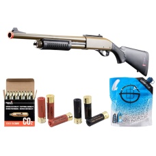 Golden Eagle M8870 3/6-Shot Pump Action CO2 Airsoft Shotgun w/ Ghost Ring Iron Sights - Shell/CO2 Combo - (Tan)