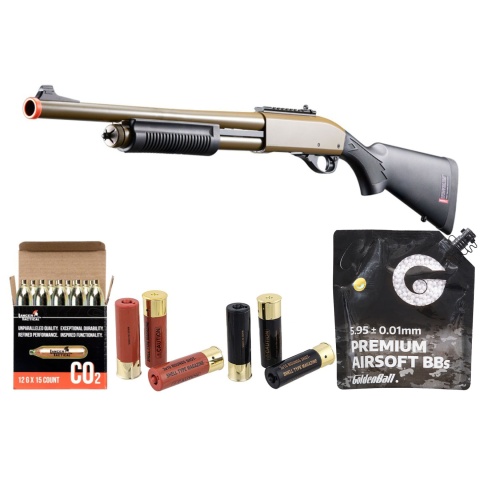 Golden Eagle M8870 3/6-Shot Pump Action CO2 Airsoft Shotgun w/ Ghost Ring Iron Sights - Shell/CO2 Combo - (Tan)