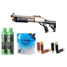 Golden Eagle M8871 3/6-Shot Pump Action Gas Airsoft Shotgun w/ Ghost Ring Iron Sights & M4 Crane Stock Shell/Green Gas Combo - (Tan)