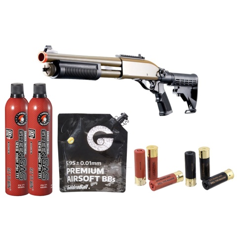 Golden Eagle M8871 3/6-Shot Pump Action Gas Airsoft Shotgun w/ Ghost Ring Iron Sights & M4 Crane Stock Shell/Green Gas Combo - (Tan)