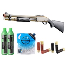 Golden Eagle M870 3/6-Shot Pump Action Gas Airsoft Shotgun w/ Mock Shell Tube & Ghost Ring Iron Sights Shell/Green Gas Combo - (Tan)