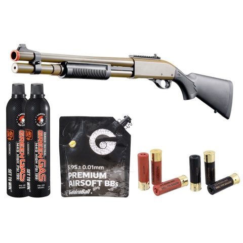 Golden Eagle M870 3/6-Shot Pump Action Gas Airsoft Shotgun w/ Mock Shell Tube & Ghost Ring Iron Sights Shell/Green Gas Combo - (Tan)