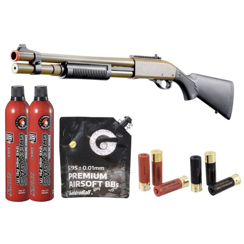 Golden Eagle M870 3/6-Shot Pump Action Gas Airsoft Shotgun w/ Mock Shell Tube & Ghost Ring Iron Sights Shell/Green Gas Combo - (Tan)