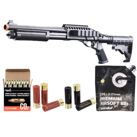 Golden Eagle M8873 3/6-shot Pump Action Co2 Airsoft Shotgun W/ Optic Rail & M4 Crane Stock - CO2/Shell Combo - (Black)
