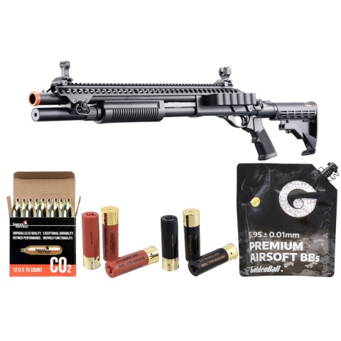 Golden Eagle M8874 3/6-Shot Pump Action CO2 Airsoft Shotgun w/ Flip Up Sights, Picatinny Rail & M4 Crane Stock - Shell/CO2 Combo - (Black)