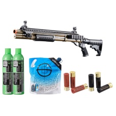 Golden Eagle M8874 3/6-Shot Pump Action Gas Airsoft Shotgun w/ Flip Up Sights, Picatinny Rail & M4 Crane Stock - Shell/Green Gas Combo - (Tan)