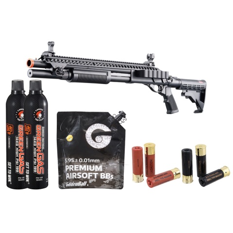 Golden Eagle M8874 3/6-Shot Pump Action Gas Airsoft Shotgun w/ Flip Up Sights, Picatinny Rail & M4 Crane Stock - Shell/Green Gas Combo - (Black)