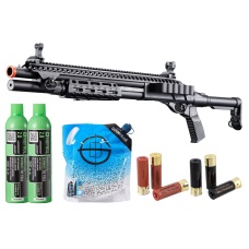 Golden Eagle M8875 3/6-shot Pump Action Gas Airsoft Shotgun W/ Flip Up Sights, M-lok, Picatinny Rail & M4 Buffer Stock - Green Gas/Shell Combo - (Black)