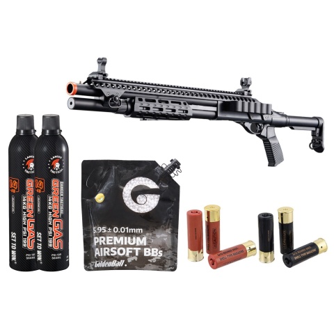 Golden Eagle M8875 3/6-shot Pump Action Gas Airsoft Shotgun W/ Flip Up Sights, M-lok, Picatinny Rail & M4 Buffer Stock - Green Gas/Shell Combo - (Black)