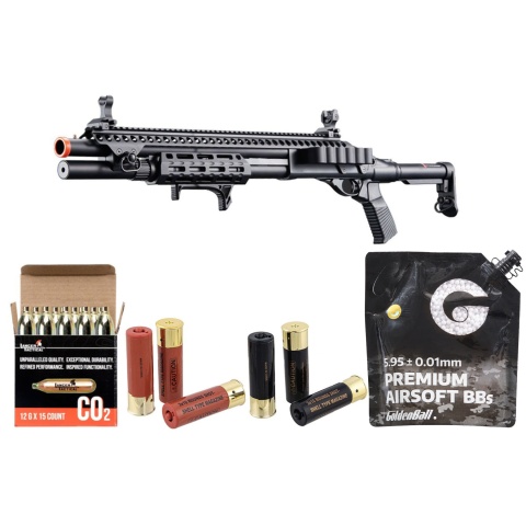 Golden Eagle M8875 3/6-Shot Pump Action CO2 Airsoft Shotgun w/ Flip Up Sights, M-LOK, Picatinny Rail & M4 Buffer Stock - Shell/CO2 Combo - (Black)