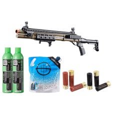 Golden Eagle M8875 3/6-Shot Pump Action Gas Airsoft Shotgun w/ Flip Up Sights, M-LOK, Picatinny Rail & M4 Buffer Stock - Shell/Green Gas Combo - (Tan)