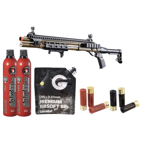 Golden Eagle M8875 3/6-Shot Pump Action Gas Airsoft Shotgun w/ Flip Up Sights, M-LOK, Picatinny Rail & M4 Buffer Stock - Shell/Green Gas Combo - (Tan)