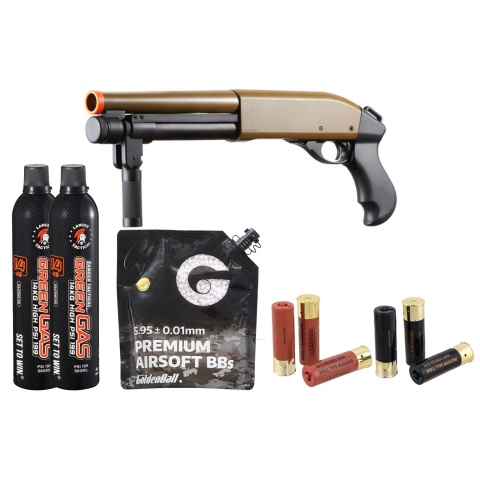 Golden Eagle M8876 3/6-Shot Pump Action Gas Airsoft Sawed-Off Shotgun w/ Forend Handle Shell/Green Gas Combo - (Tan)