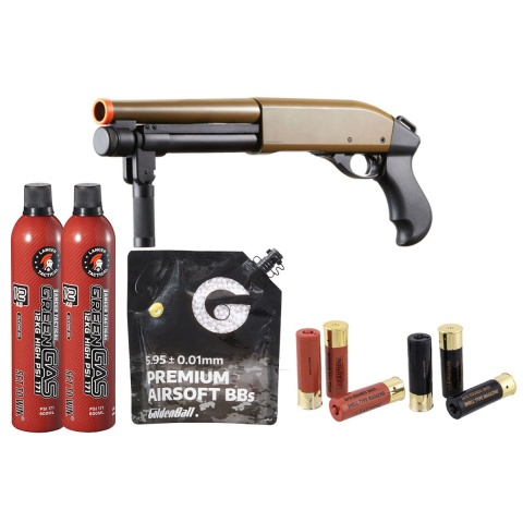 Golden Eagle M8876 3/6-Shot Pump Action Gas Airsoft Sawed-Off Shotgun w/ Forend Handle Shell/Green Gas Combo - (Tan)