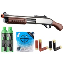 Golden Eagle M8877 3/6-Shot Pump Action Gas Airsoft Sawed-Off Shotgun Shell/Green Gas Combo - (Silver/Wood)