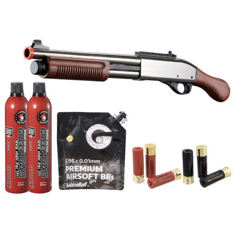 Golden Eagle M8877 3/6-Shot Pump Action Gas Airsoft Sawed-Off Shotgun Shell/Green Gas Combo - (Silver/Wood)