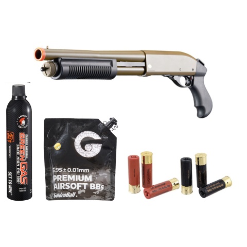 Golden Eagle M8881 3/6-Shot Pump Action Gas Airsoft Sawed-Off Shotgun Shell/Green Gas Combo - (Tan)