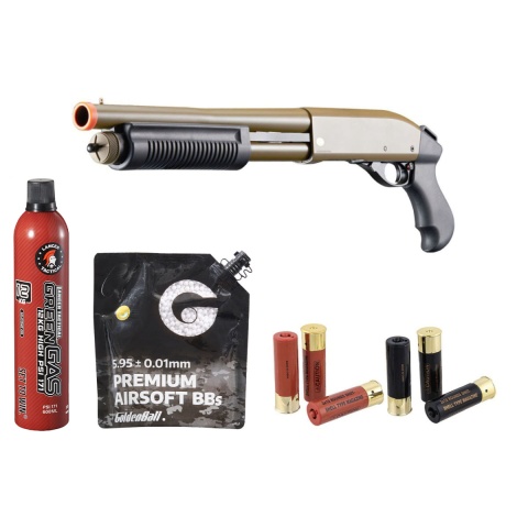 Golden Eagle M8881 3/6-Shot Pump Action Gas Airsoft Sawed-Off Shotgun Shell/Green Gas Combo - (Tan)