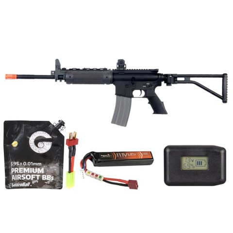 Atlas Custom Works M4 Gr-300 Long Version Airsoft Aeg Rifle W/ Folding Stock - Battery/Adapter/Charger Combo - (Black)