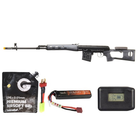 Atlas Custom Works Svd Dragunov Electric Airsoft Sniper Rifle W/ Sportsman Stock - Battery/Adapter/Charger Combo (Black)