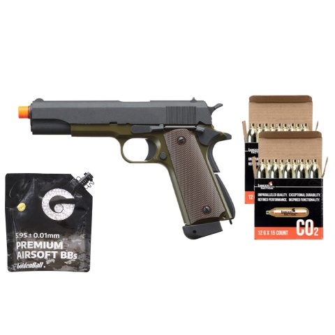 KJW Full Metal M1911-A1 CO2 Gas Blowback GBB Airsoft Pistol - CO2 Combo - (OD Green)