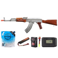 LCT AKM Stamped Steel Airsoft Aeg Rifle W/ Full Stock - Battery/Adapter/Charger Combo - (Silver & Wood)