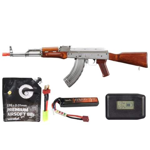 LCT AKM Stamped Steel Airsoft Aeg Rifle W/ Full Stock - Battery/Adapter/Charger Combo - (Silver & Wood)