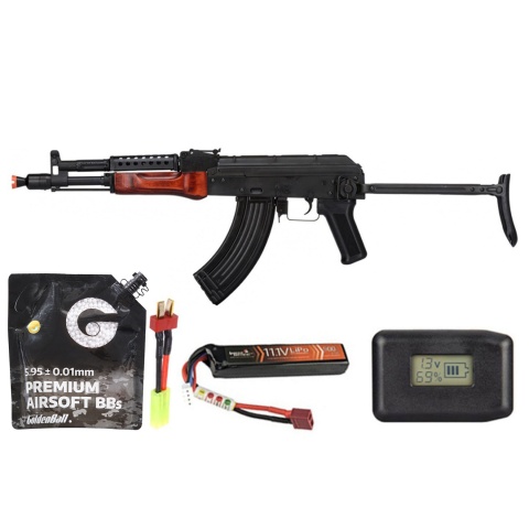 LCT MG MS AEG LCT Airsoft Stamped Steel Ak-74 W/ Fold Stock - Battery/Adapter/Charger Combo - (Black / Wood)