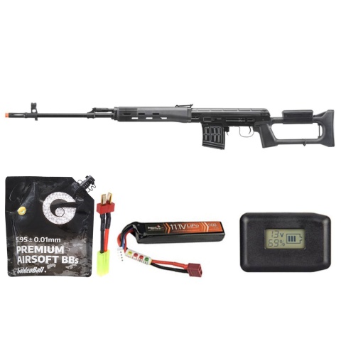 LCT SVD Dragunov Electric Airsoft Sniper Rifle - Battery/Adapter/Charger Combo - (Black)