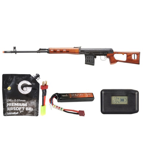 LCT SVD Dragunov Electric Airsoft Sniper Rifle W/ Real Wood Furniture - Battery/Adapter/Charger Combo - (Wood)
