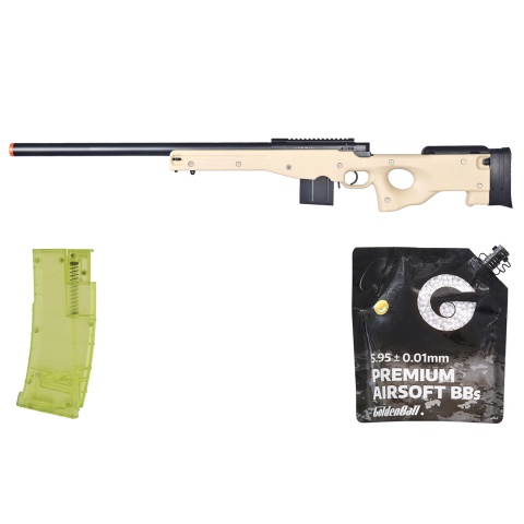 Well Airsoft L96 AWS Bolt Action Rifle Metal Barrel Optics Rail - (Tan) - BB/Sniper Bundle