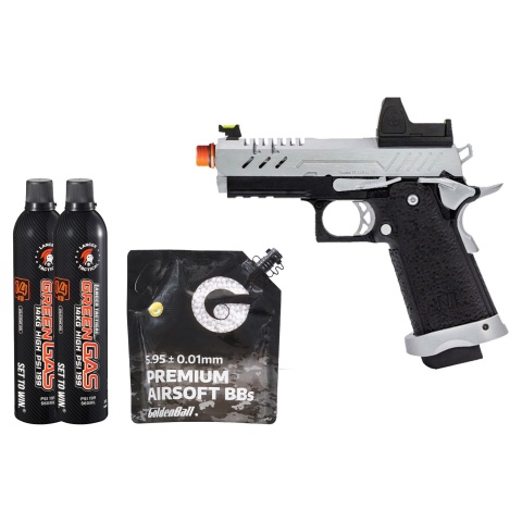 Vorsk Hi-Capa 3.8 Pro GBB Pistol w/ Red Dot Sight - (Chrome/Black) Green Gas Combo