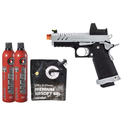 Vorsk Hi-Capa 3.8 Pro GBB Pistol w/ Red Dot Sight - (Chrome/Black) Green Gas Combo