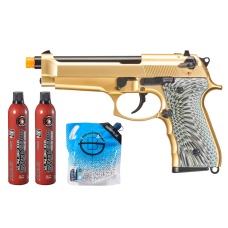 WE-Tech New System M92 Eagle Full Auto Airsoft Gas Blowback Pistol - (Gold) Green Gas Combo