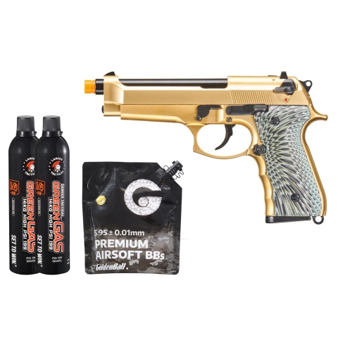 WE-Tech New System M92 Eagle Full Auto Airsoft Gas Blowback Pistol - (Gold) Green Gas Combo
