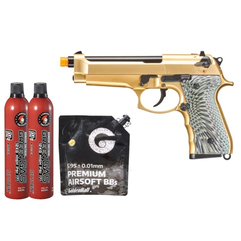 WE-Tech New System M92 Eagle Full Auto Airsoft Gas Blowback Pistol - (Gold) Green Gas Combo