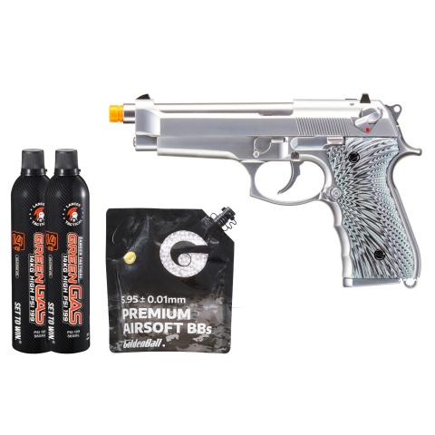 WE-Tech New System M92 Eagle Full Auto Airsoft Gas Blowback Pistol - (Silver) Green Gas Combo