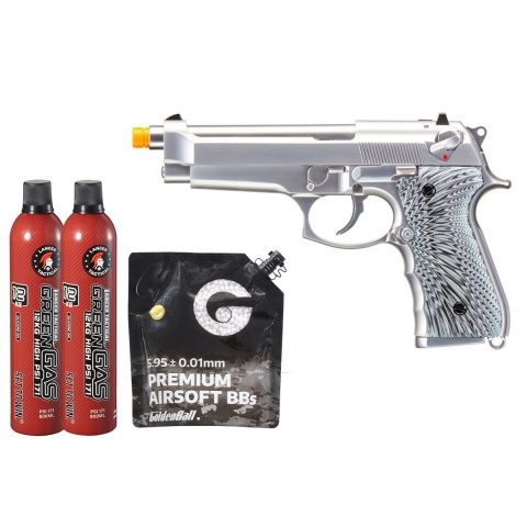 WE-Tech New System M92 Eagle Full Auto Airsoft Gas Blowback Pistol - (Silver) Green Gas Combo