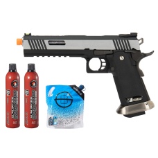 WE Tech 1911 Hi-Capa T-Rex Competition Gas Blowback Airsoft Pistol w/ Sight Mount & Top Ports - (2-Tone/Silver) Green Gas Combo