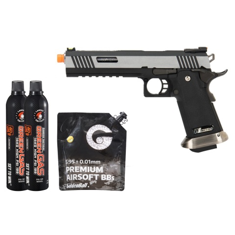 WE Tech 1911 Hi-Capa T-Rex Competition Gas Blowback Airsoft Pistol w/ Sight Mount & Top Ports - (2-Tone/Silver) Green Gas Combo