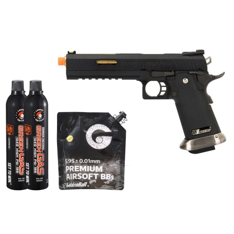WE Tech 1911 Hi-Capa T-Rex Competition Gas Blowback Airsoft Pistol w/ Sight Mount & Top Ports - (Black/Gold) Green Gas Combo