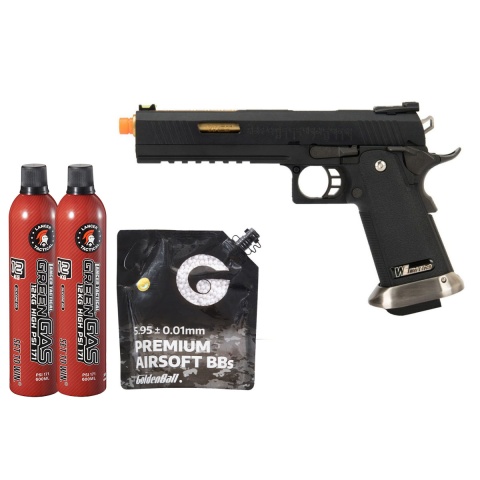 WE Tech 1911 Hi-Capa T-Rex Competition Gas Blowback Airsoft Pistol w/ Sight Mount & Top Ports - (Black/Gold) Green Gas Combo