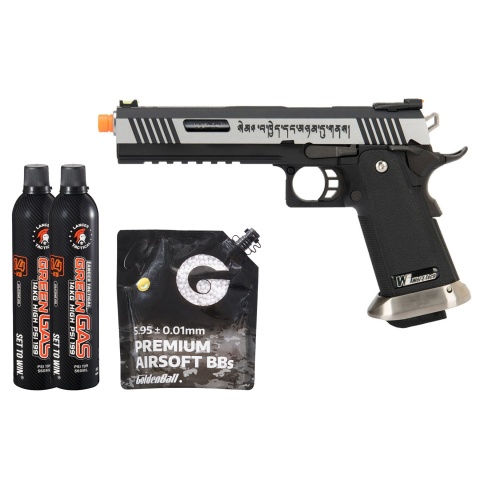 WE Tech 1911 Hi-Capa T-Rex Competition Gas Blowback Airsoft Pistol w/ Sight Mount & Top Ports [Tibetan Version] - (2-Tone/Silver) Green Gas Combo