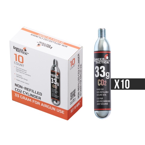 Lancer Tactical High Pressure 33 Gram CO2 Cartridges for Airsoft / Airguns - (Pack of 10)