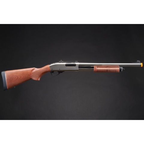 Golden Eagle M8870 3/6-Shot Pump Action Gas Airsoft Shotgun w/ Ghost Ring Iron Sights - (Silver/Wood)