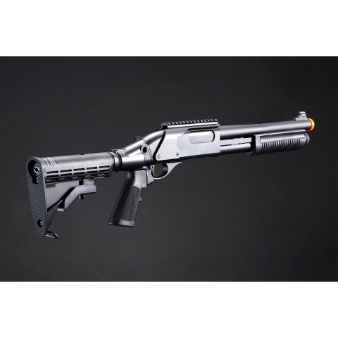 Golden Eagle M8873 3/6-Shot Pump Action CO2 Airsoft Shotgun w/ Optic Rail & M4 Crane Stock